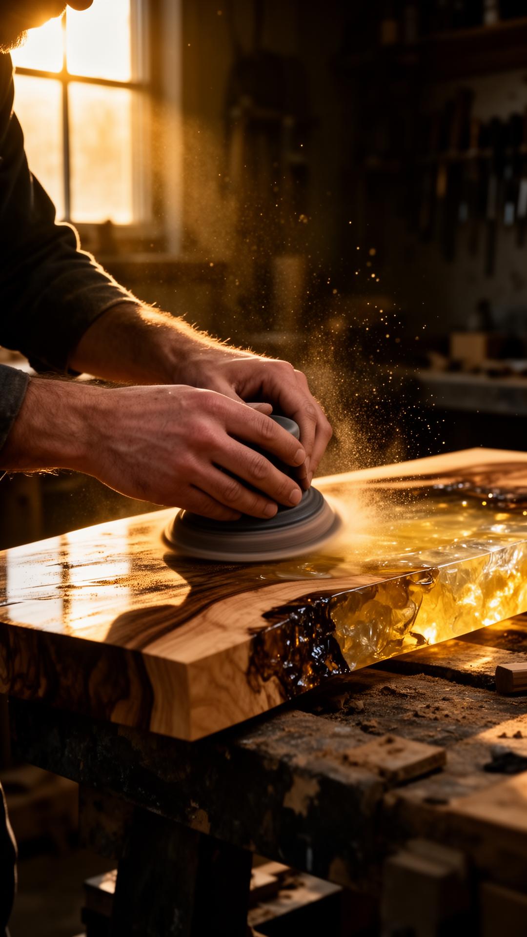 Maker's hands sanding a live-edge board with amber resin river in golden window light