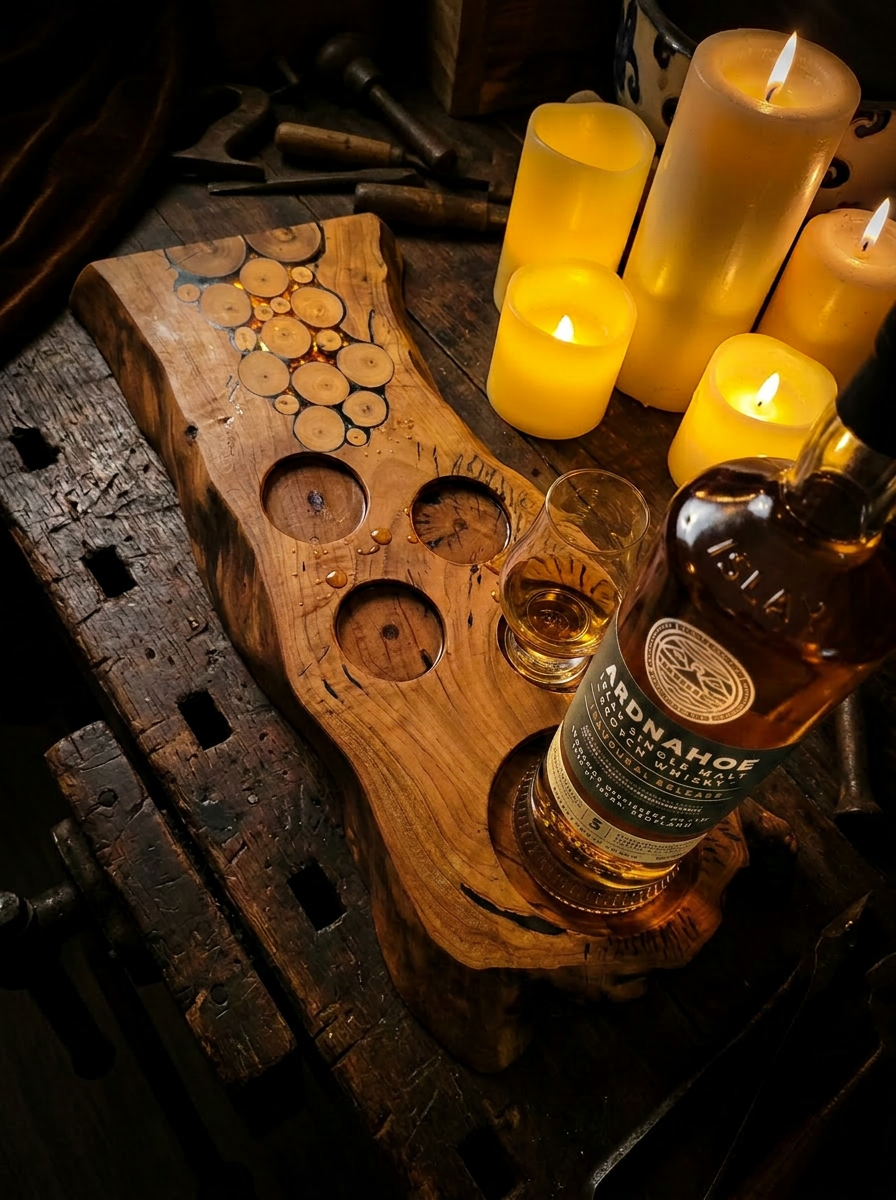 Live-edge spalted wood whisky flight board with an Ardnahoe Inaugural Release bottle and tasting glass beside glowing pillar candles