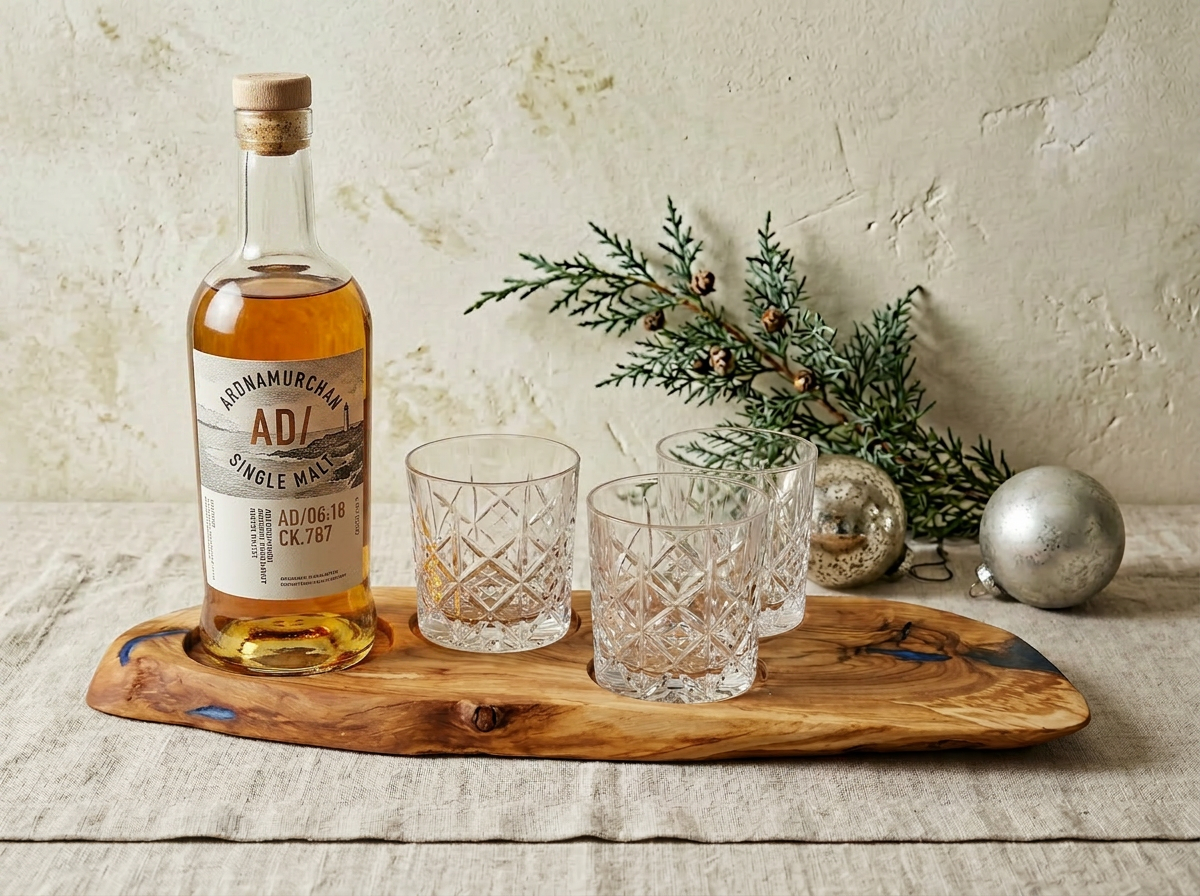 Olive wood whisky flight with an Ardnamurchan AD/ single malt bottle, three crystal tumblers and winter evergreen styling
