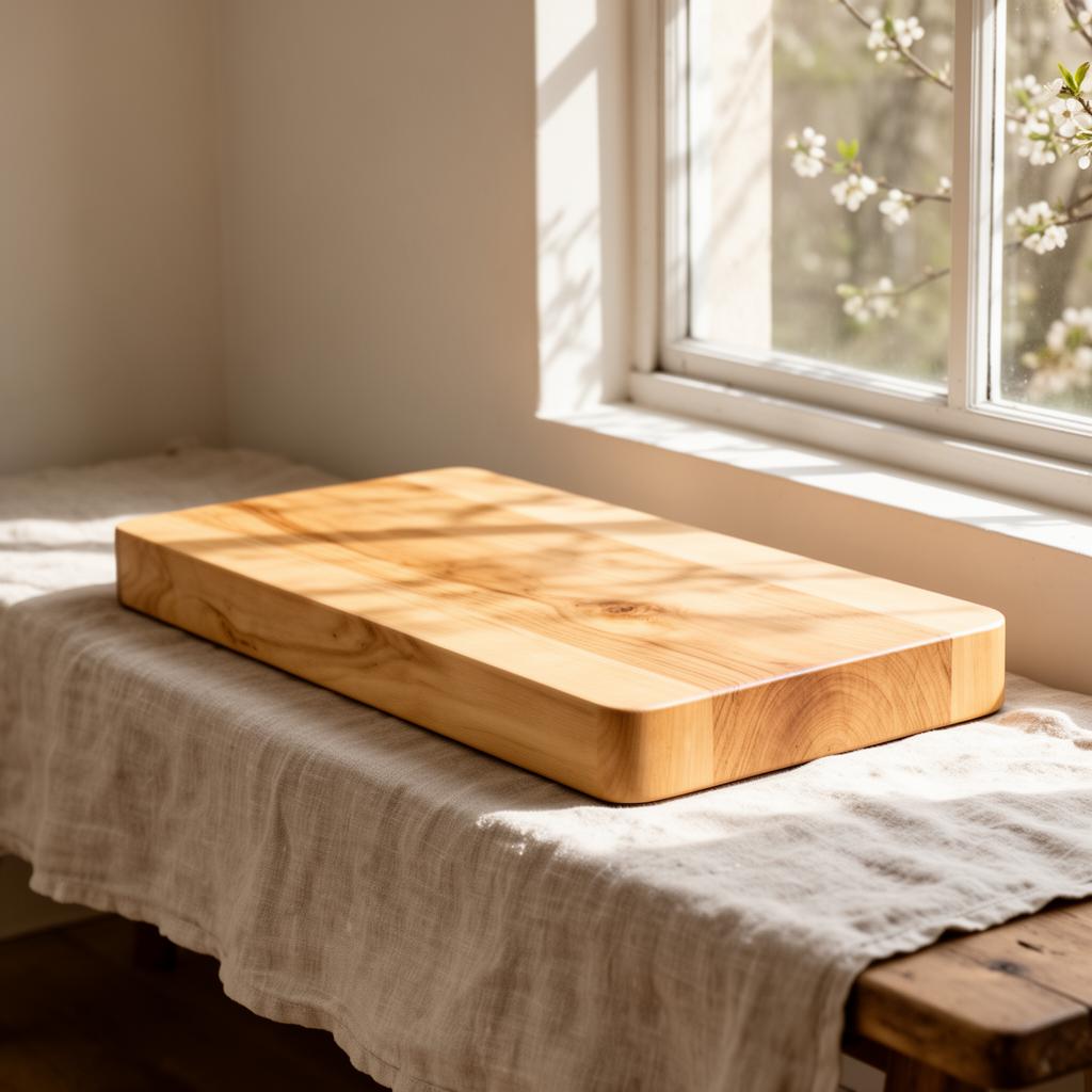 Solid butcher block chopping board in warm window light