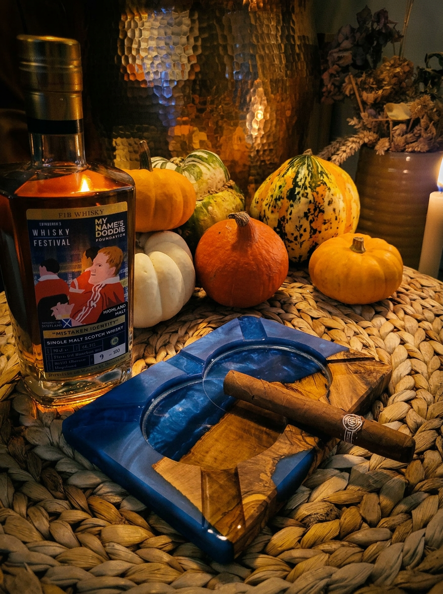 Olive wood and cobalt resin cigar ashtray beside a Mistaken Identity whisky bottle with pumpkins and candlelight