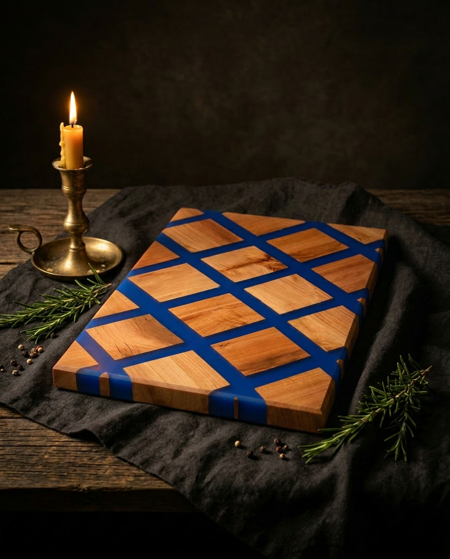 Maple board with a cobalt resin diamond lattice pattern, styled on dark linen with rosemary and candlelight