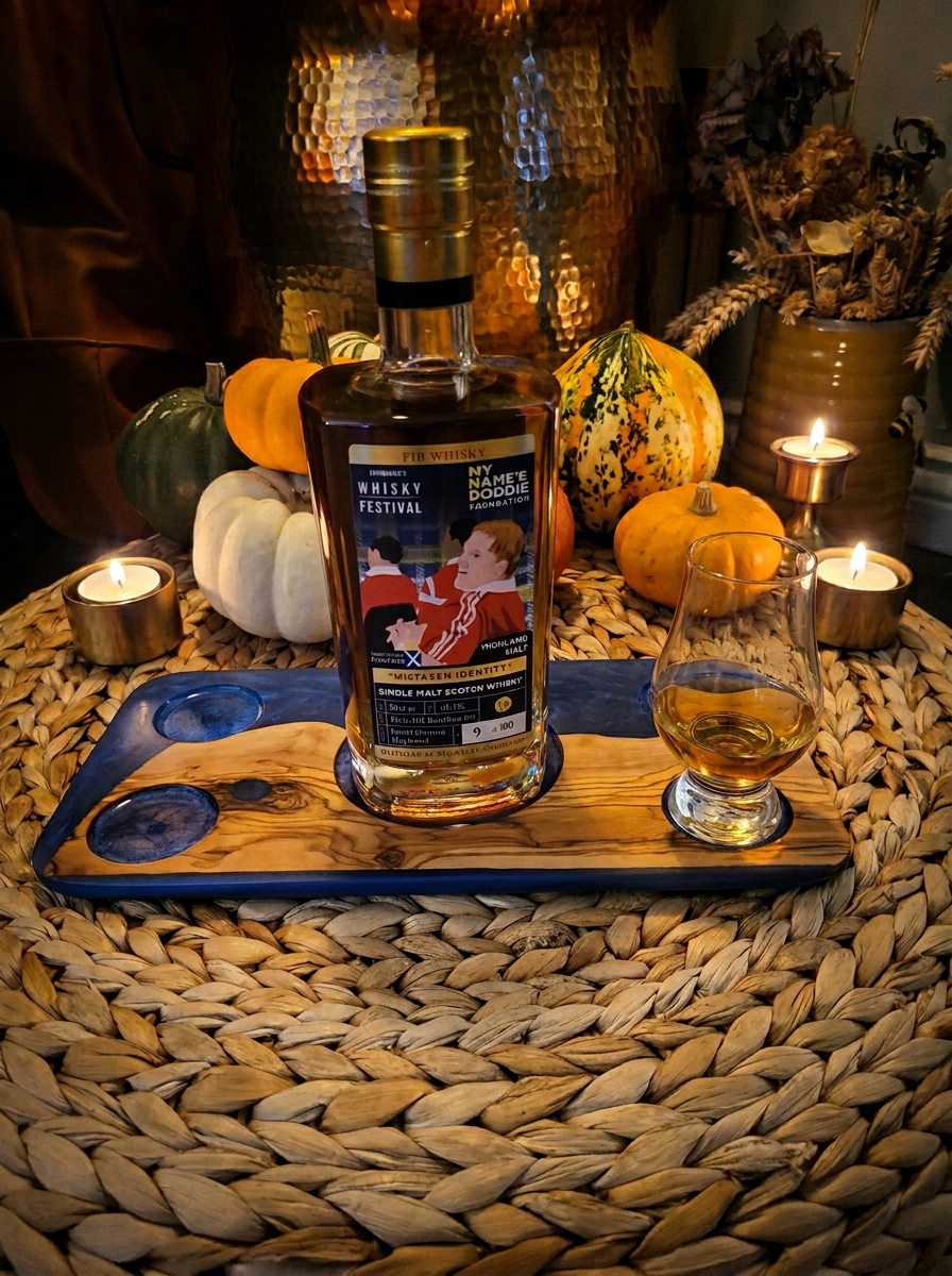 Olive wood and cobalt resin whisky flight tray with a Mistaken Identity bottle and Glencairn glass in candlelit autumn styling