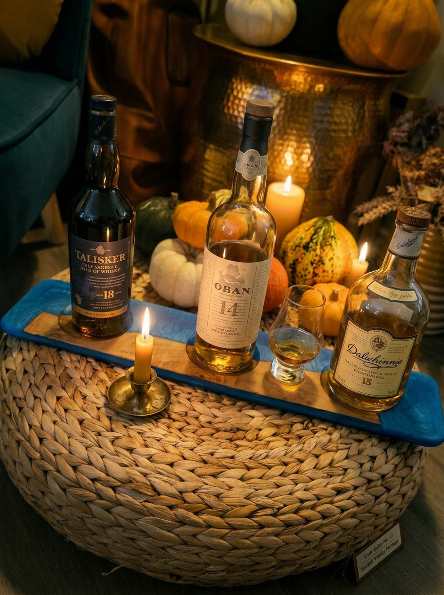 Live-edge cobalt-resin whisky flight tray with three Scottish single malt bottles and a Glencairn glass on a seagrass pouffe with autumn styling