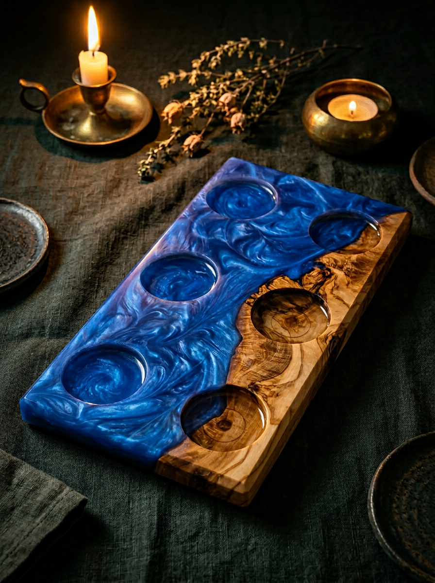 Olive wood and cobalt pearl resin six-well whisky flight board styled with brass candles and dried thyme on dark linen