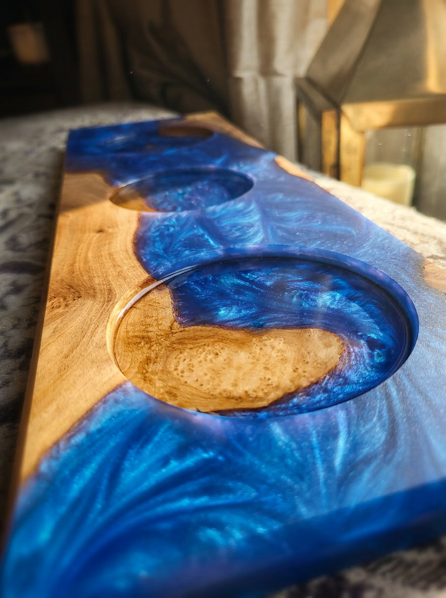 Macro view of a pearlescent cobalt resin and live-edge wood serving board with softly glowing lantern light