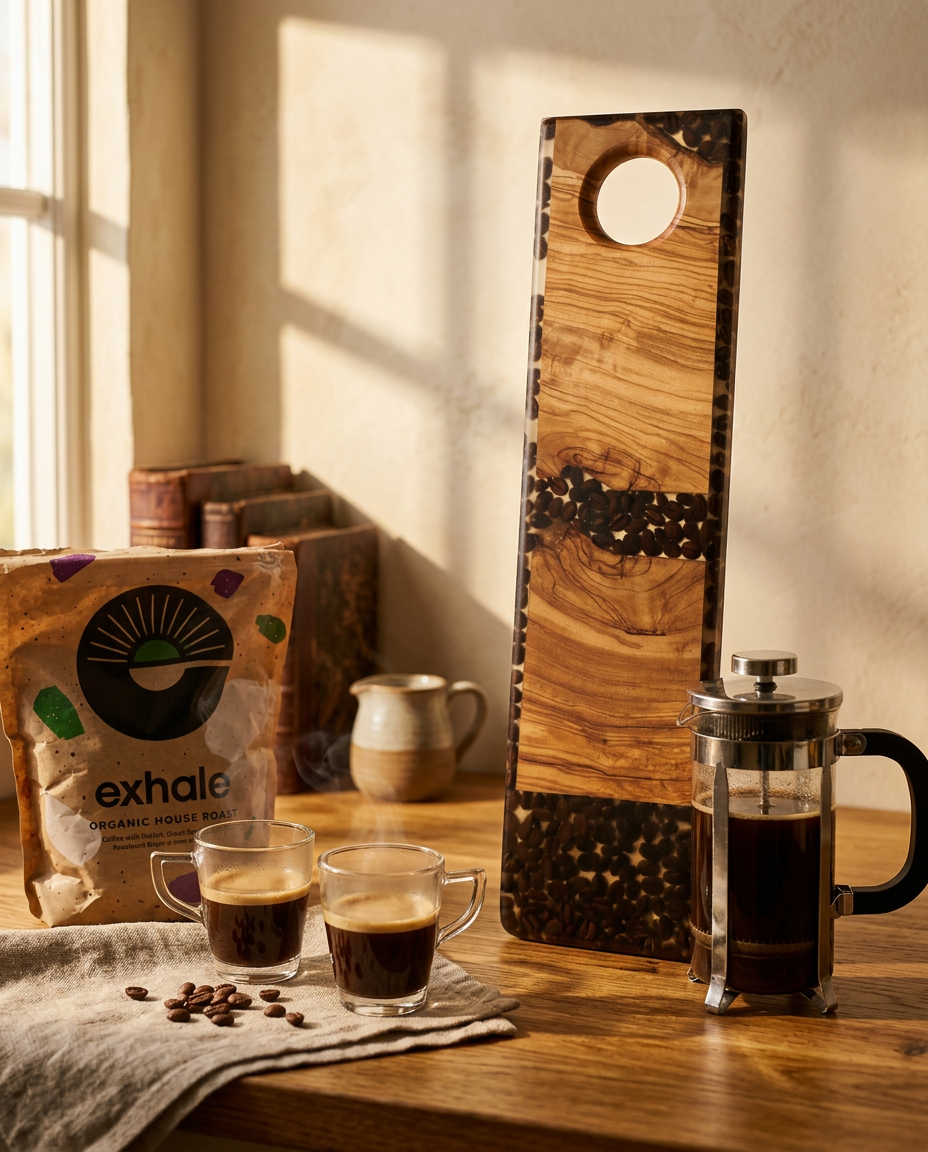 Tall olive-wood coffee board with dark resin and embedded coffee bean inlays beside a French press and espresso cups