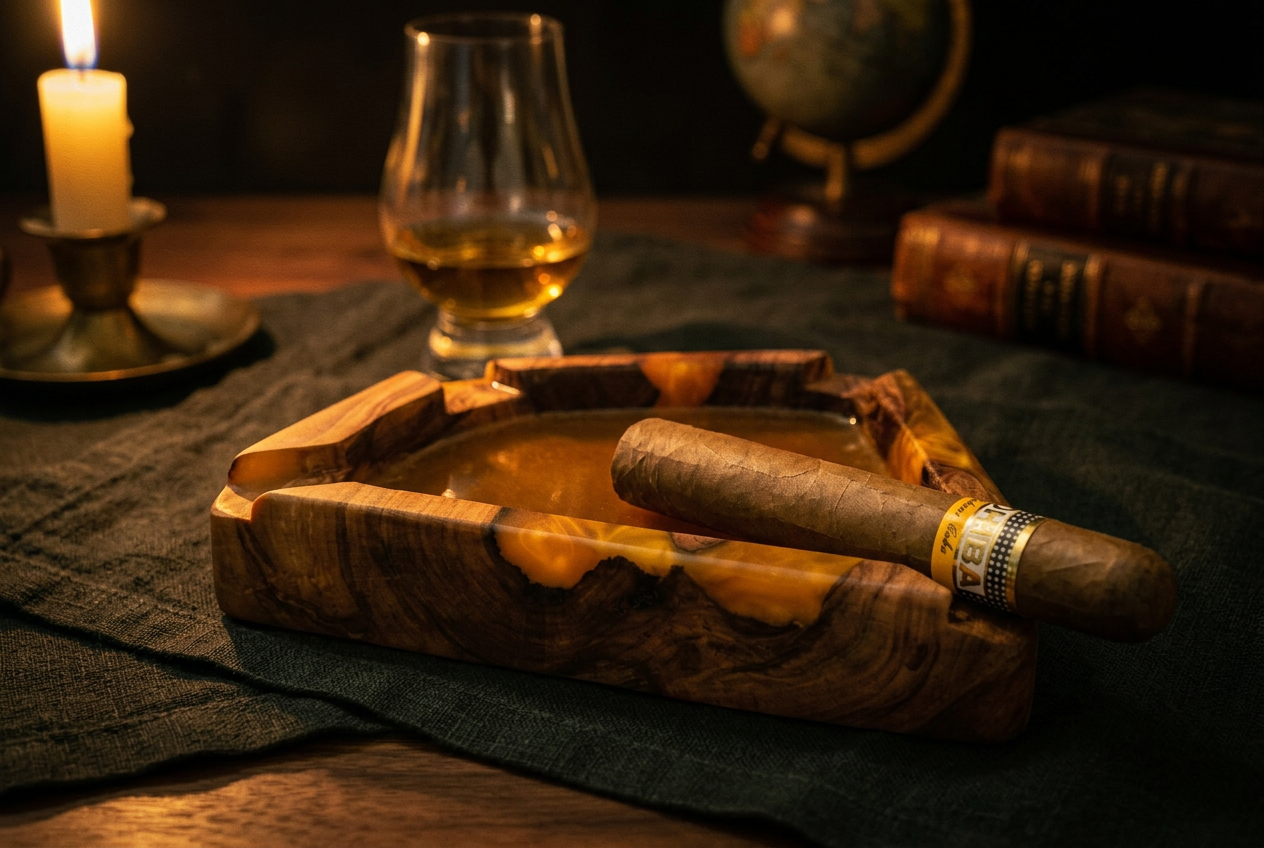 Olive wood and amber resin cigar ashtray with a Cohiba cigar and a Glencairn of whisky in candlelit library light