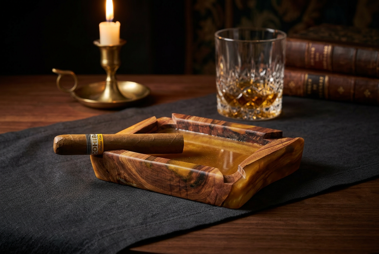 Side view of an olive wood and amber resin cigar ashtray with a Cohiba cigar, crystal whisky tumbler and brass candle in a gentleman's library