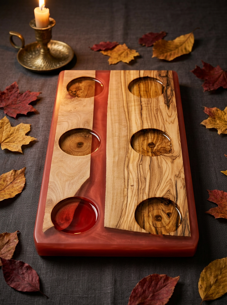 Pale olive wood whisky flight board with deep coral resin edge and six wells styled with autumn leaves and a brass candle