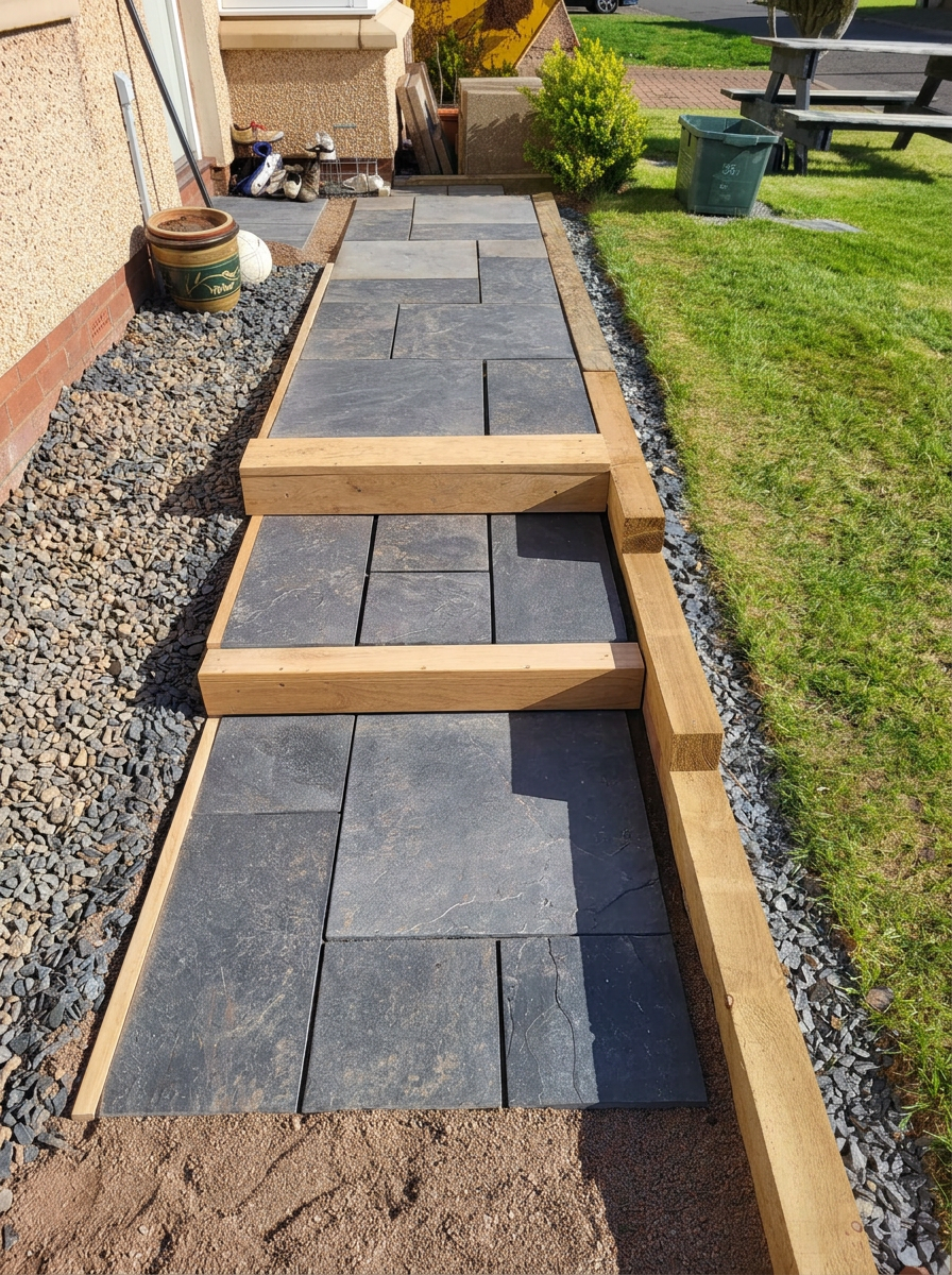 Edinburgh slate front garden path with continuous oak runners, oak inlay plates between the slabs and warm-white recessed LED uplights at dusk