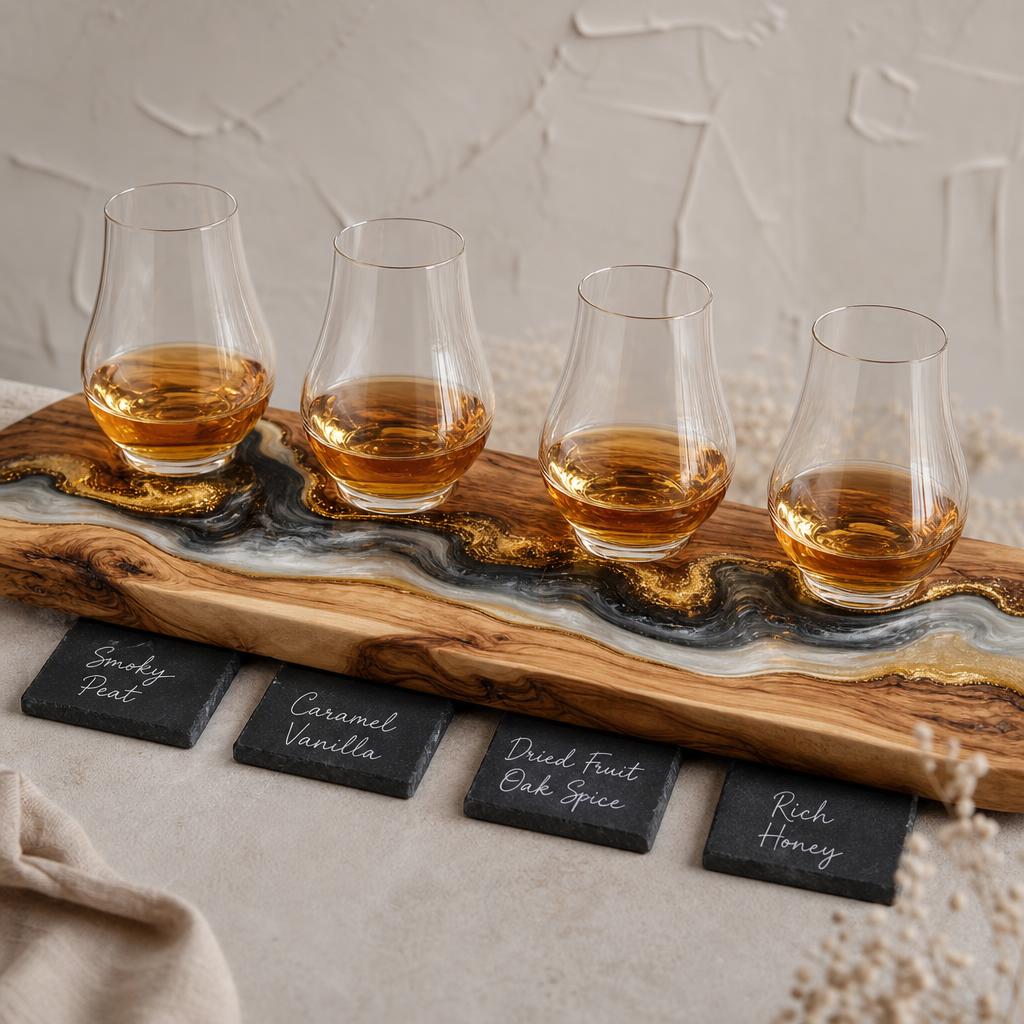 Olive wood whisky flight with gold and pearl resin river and tasting notes