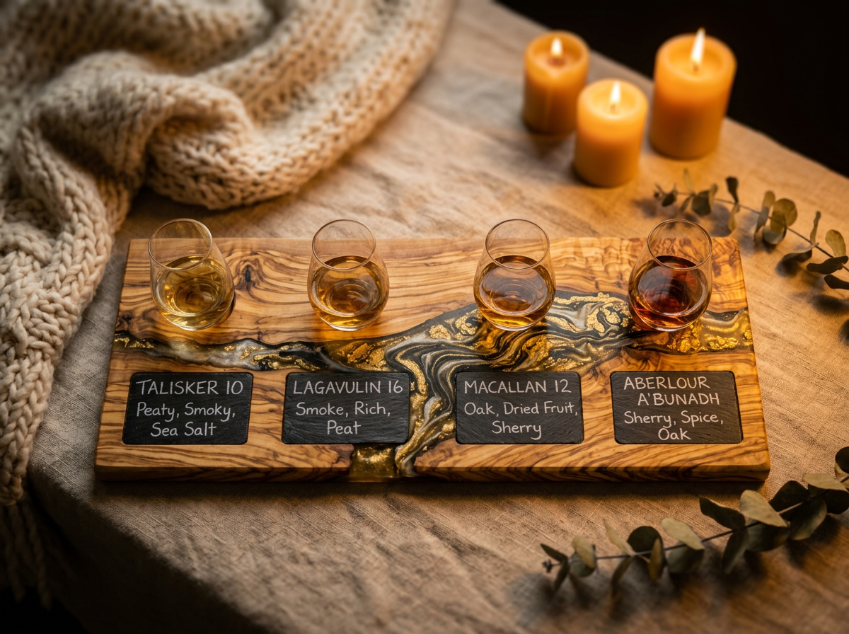Olive wood and gold-black resin whisky flight board with four drams and slate tasting labels styled on linen with chunky cream knit throw, beeswax candles and dried eucalyptus