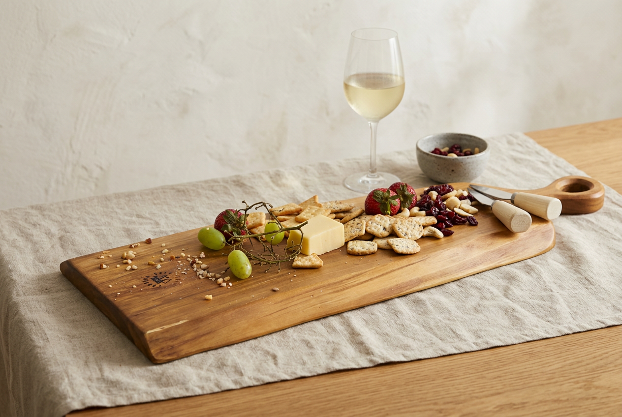Long live-edge grazing board styled with cheese, crackers, fruit and wine