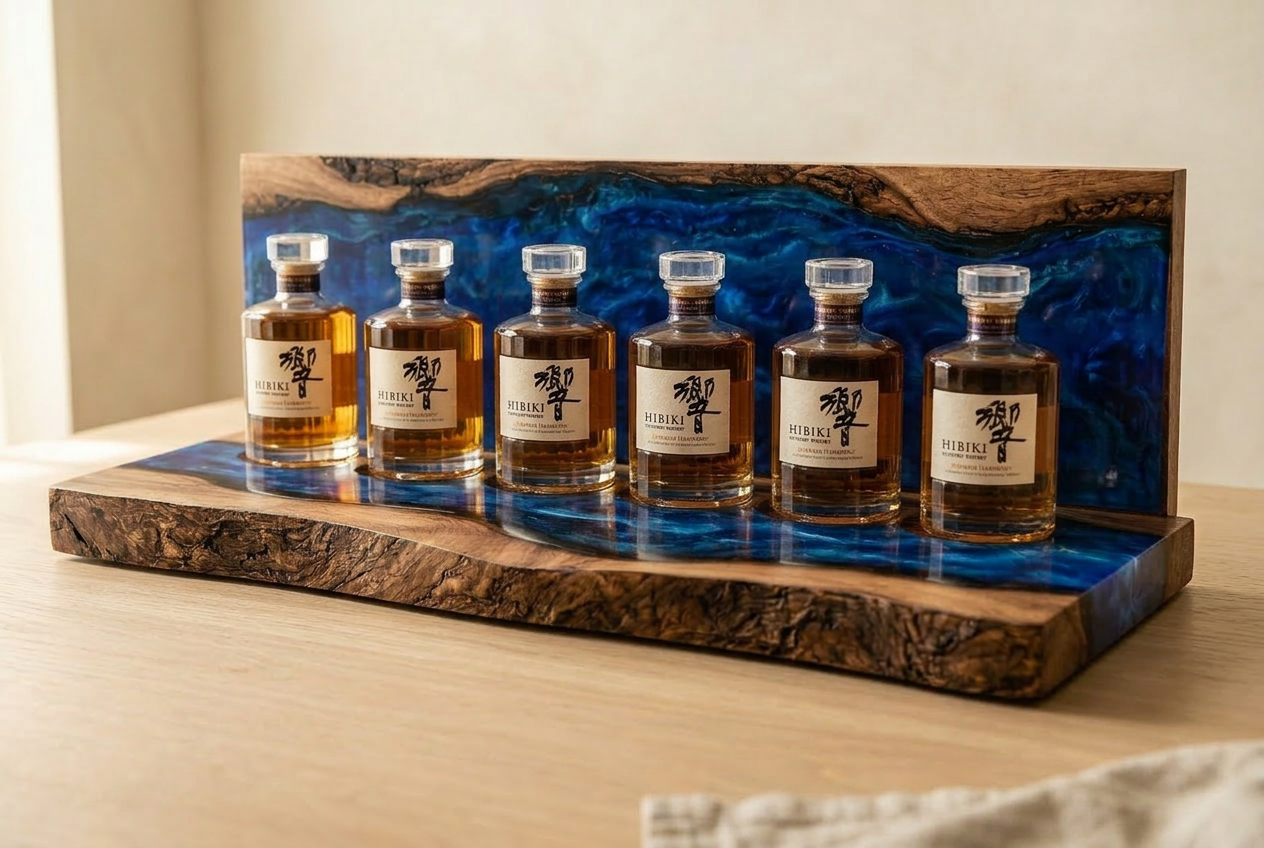 Live-edge walnut and cobalt resin display board with six authentic Suntory Hibiki bottles