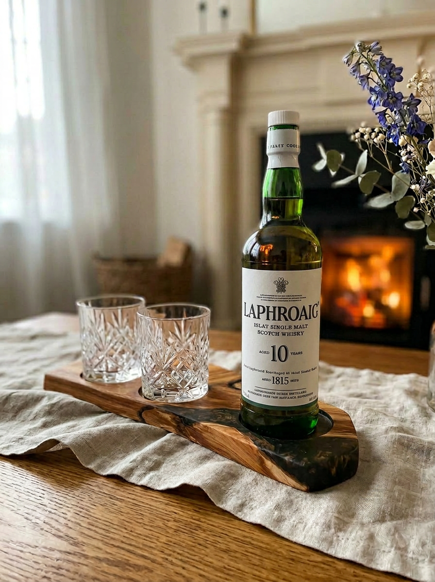 Olive wood and resin whisky board with two crystal tumblers and a Laphroaig 10 Year Old bottle by the fireside
