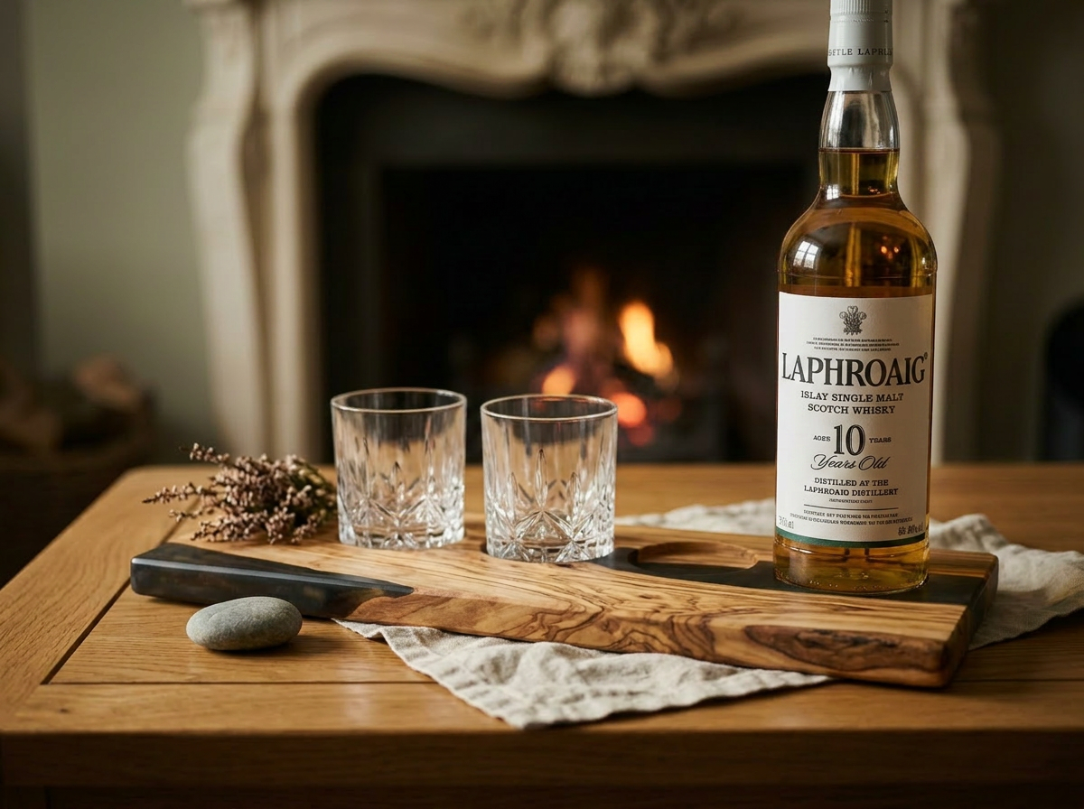 Live-edge whisky flight board on an oak table with crystal tumblers and a Laphroaig 10 Year Old bottle, hearth glow behind
