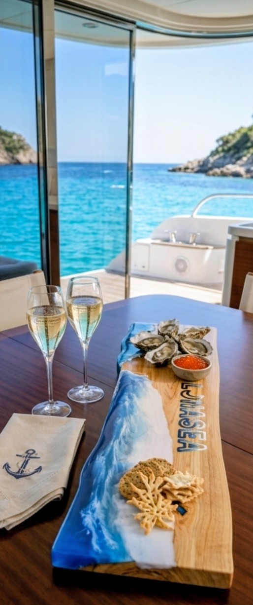 Lunasea cherry and seafoam resin serving board aboard a private yacht, dressed with oysters, caviar and champagne flutes against an open sea view