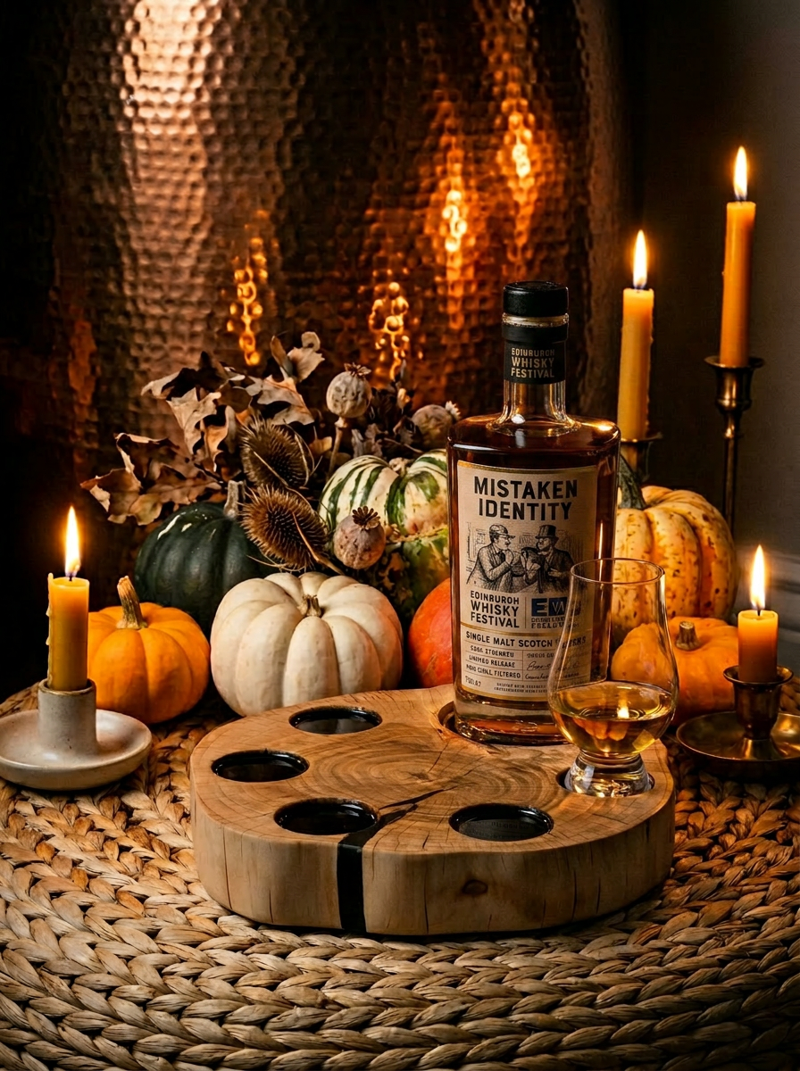 Round whisky flight board with a Mistaken Identity Edinburgh Whisky Festival single malt bottle and Glencairn glass amongst pumpkins and beeswax candles