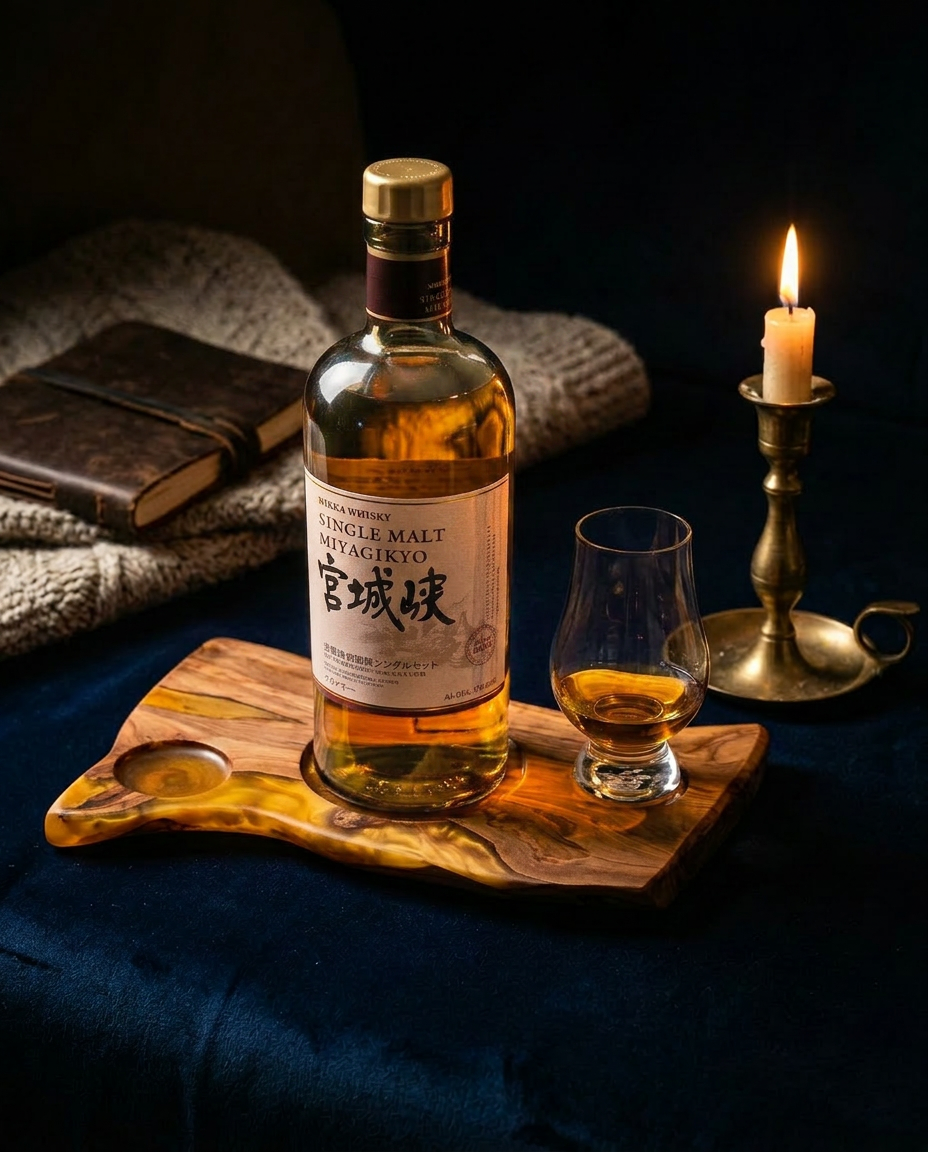 Olive wood and amber resin whisky board with Nikka Miyagikyo bottle and Glencairn glass on deep navy velvet