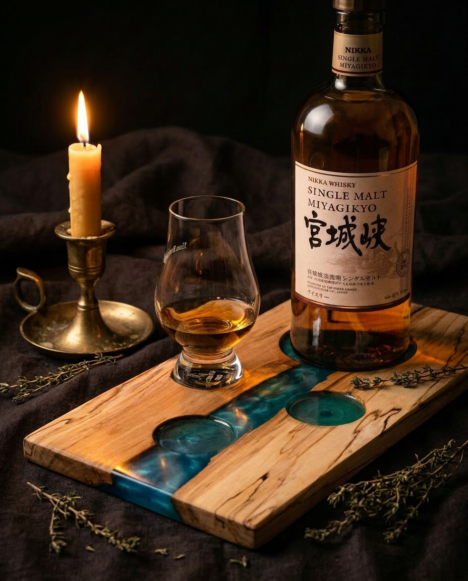 Spalted maple whisky flight board with cobalt resin river, Nikka Miyagikyo bottle and Glencairn glass in candlelight
