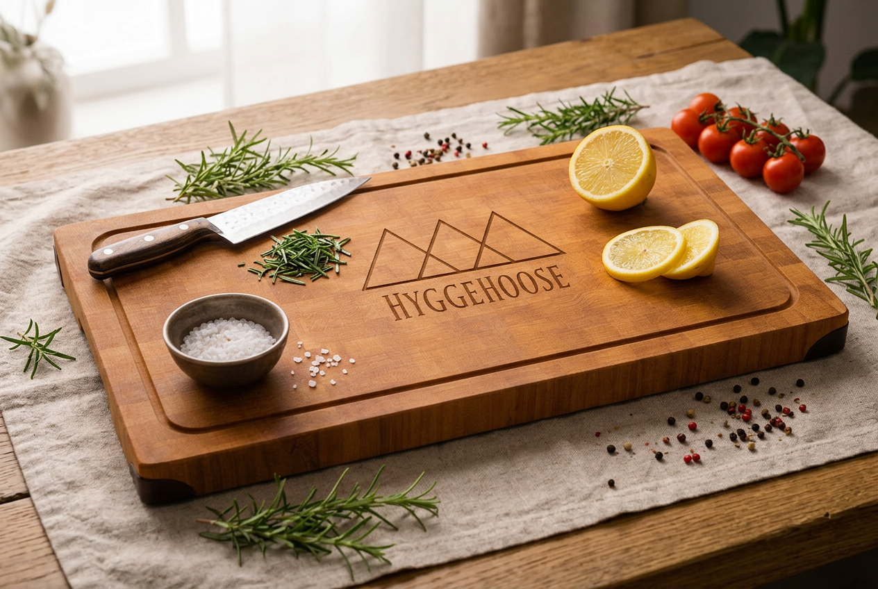 Oak end-grain cutting board with chef knife, lemon and rosemary on linen