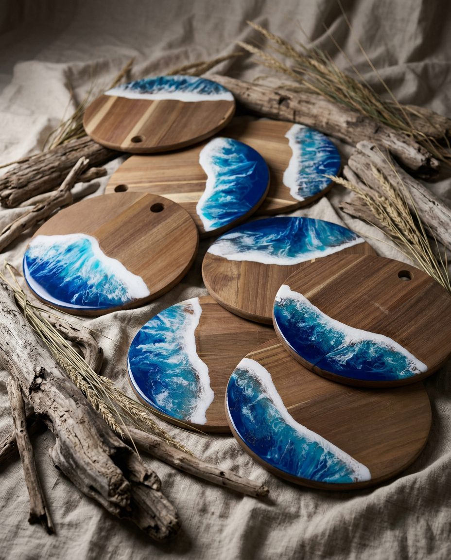 Collection of round acacia serving boards with cobalt and turquoise ocean-wave resin arranged with driftwood and linen