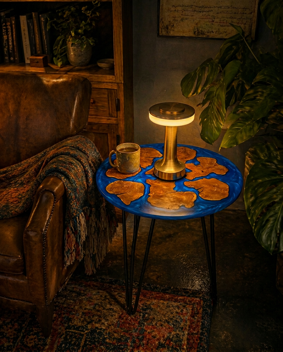Live-edge wood and cobalt ocean resin side table with brass lamp