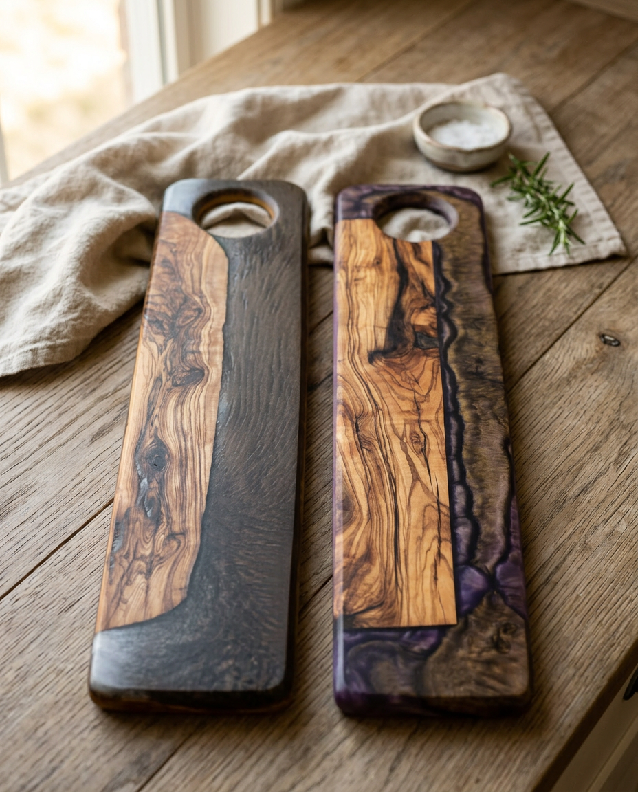 A pair of olive wood and resin charcuterie boards in walnut and plum