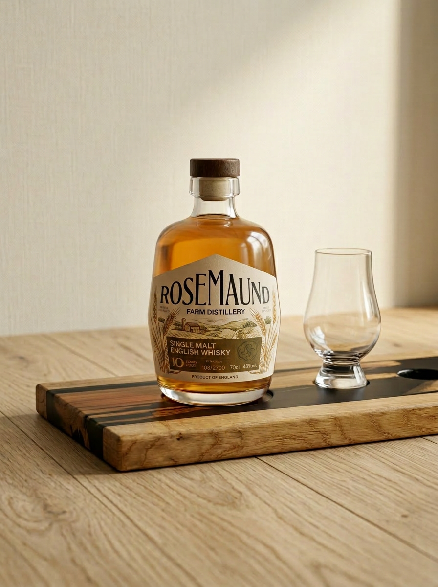 Oak and dark resin whisky flight board with a Rosemaund Farm Distillery single malt bottle and Glencairn glass