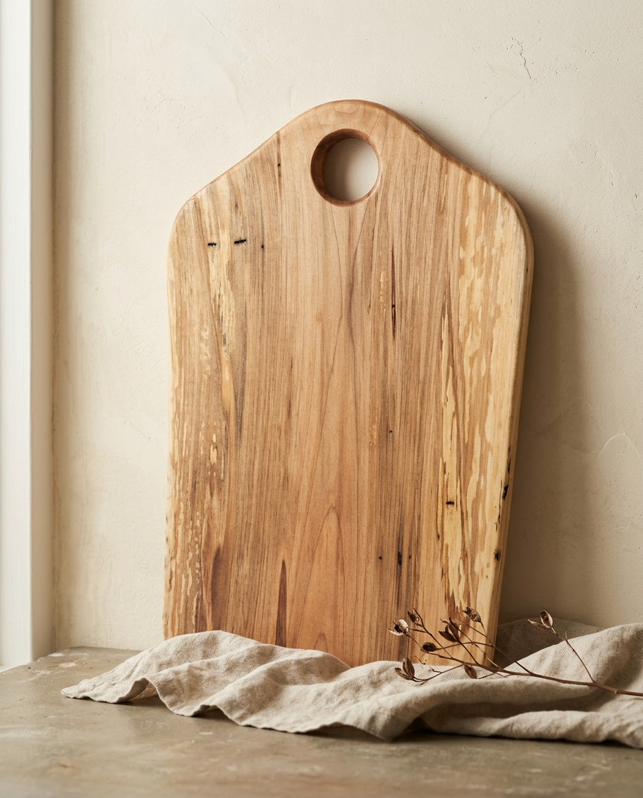Spalted maple paddle board against lime-washed plaster
