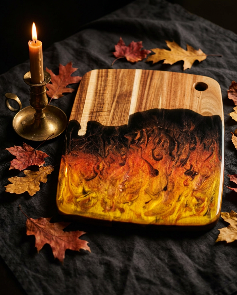 Walnut serving board with black, crimson, orange and golden fire-like resin flow surrounded by autumn leaves