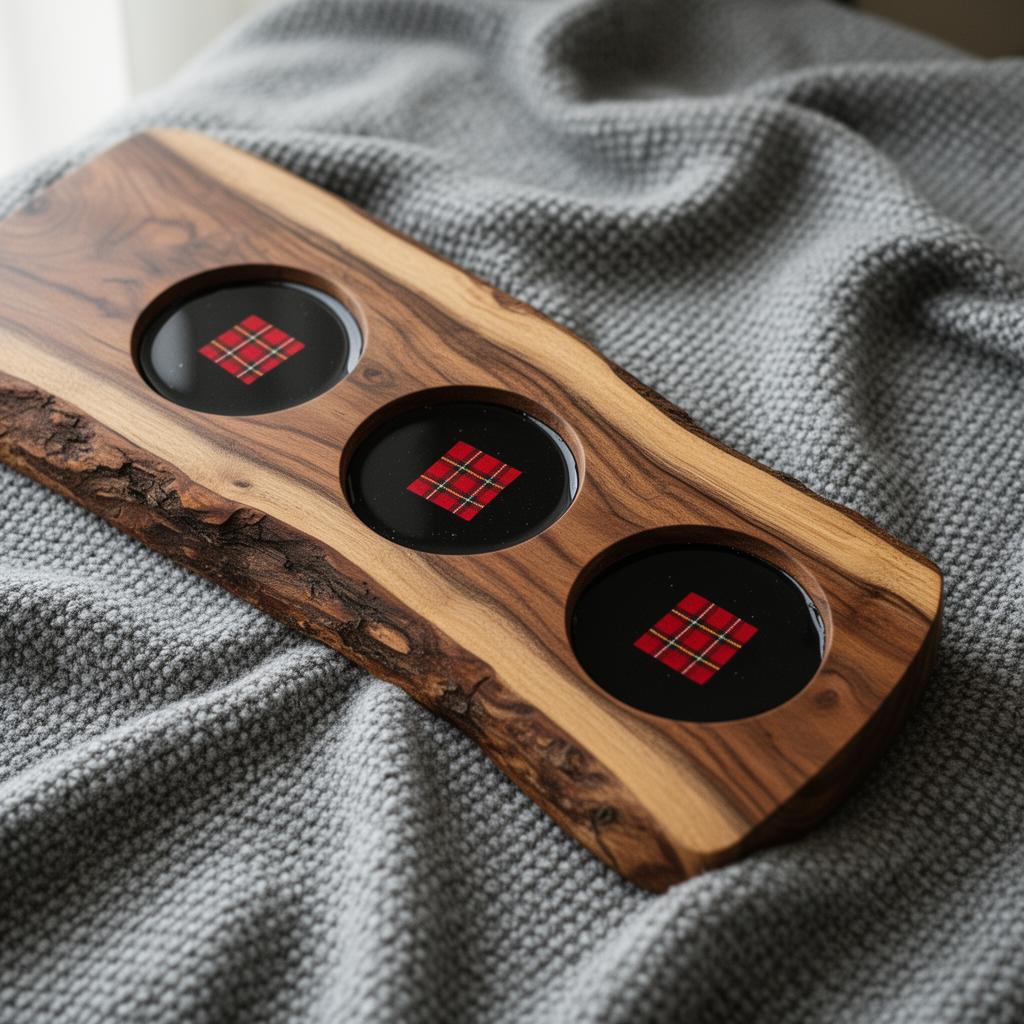 Live-edge walnut board with three black resin insets and tartan details