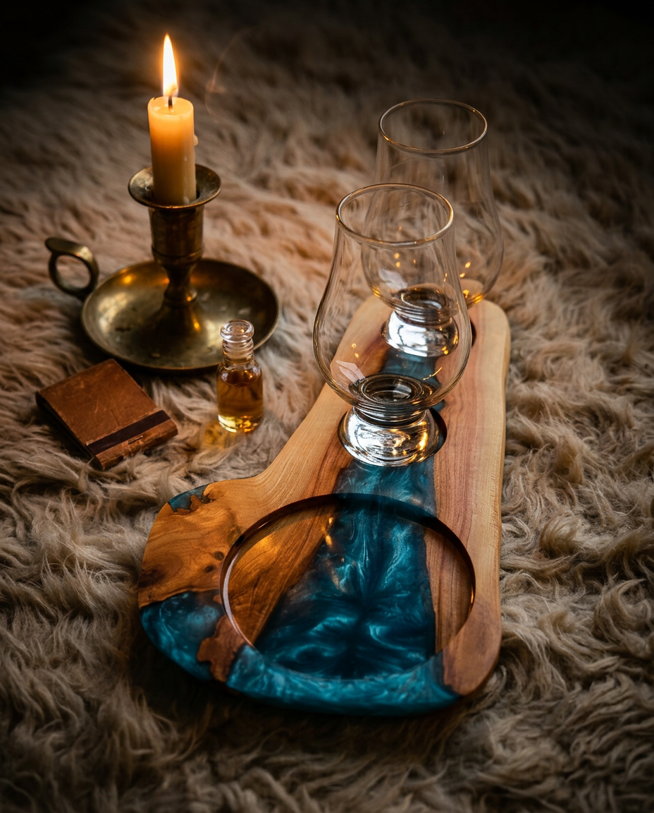 Live-edge yew whisky flight board with teal-blue pearlescent resin and two Glencairn glasses on a sheepskin throw
