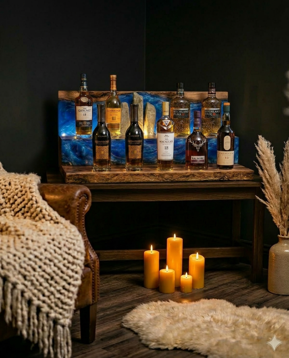 Two-tier live-edge walnut whisky display with deep blue ocean resin back panel and standing stones, holding a curated flight of single malt Scotch whiskies glowing under warm LED, in a cosy hygge corner with leather armchair, wool throw, beeswax candles and pampas grass