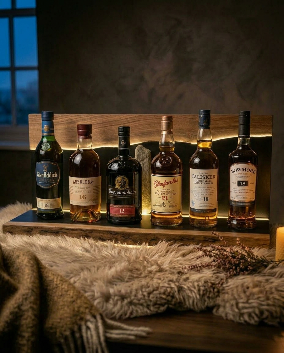 Single-tier live-edge walnut whisky display with dark slate back panel, standing stones and a row of single malt Scotch whiskies glowing under a warm LED strip, styled on a sheepskin with wool throw, beeswax candles and dried heather at dusk