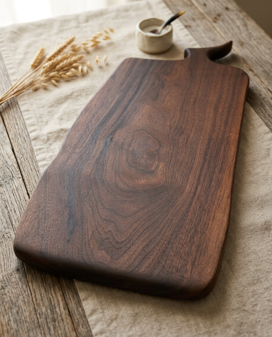 Hand-shaped walnut serving board on linen