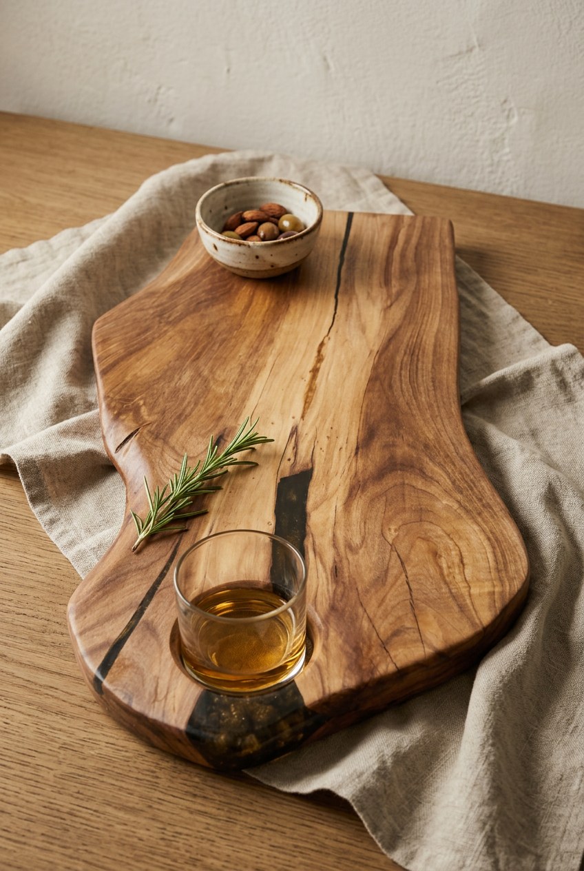 Live-edge walnut board with dark resin river and a whisky tumbler in its round well