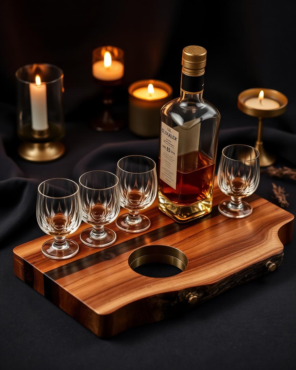 Live-edge premium hardwood whisky flight board with three crystal Glencairn glasses and a dedicated bottle placement well cradling The Dalmore 25 by candlelight