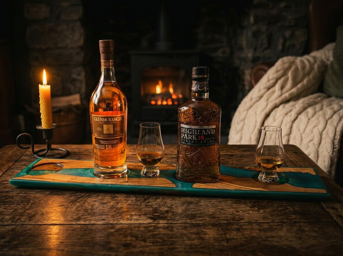 Live-edge premium hardwood whisky flight board with turquoise resin river, Glenmorangie 18 and Highland Park 18 bottles and Glencairn tasting glasses, styled by a glowing fireplace with beeswax candle and chunky cream wool throw