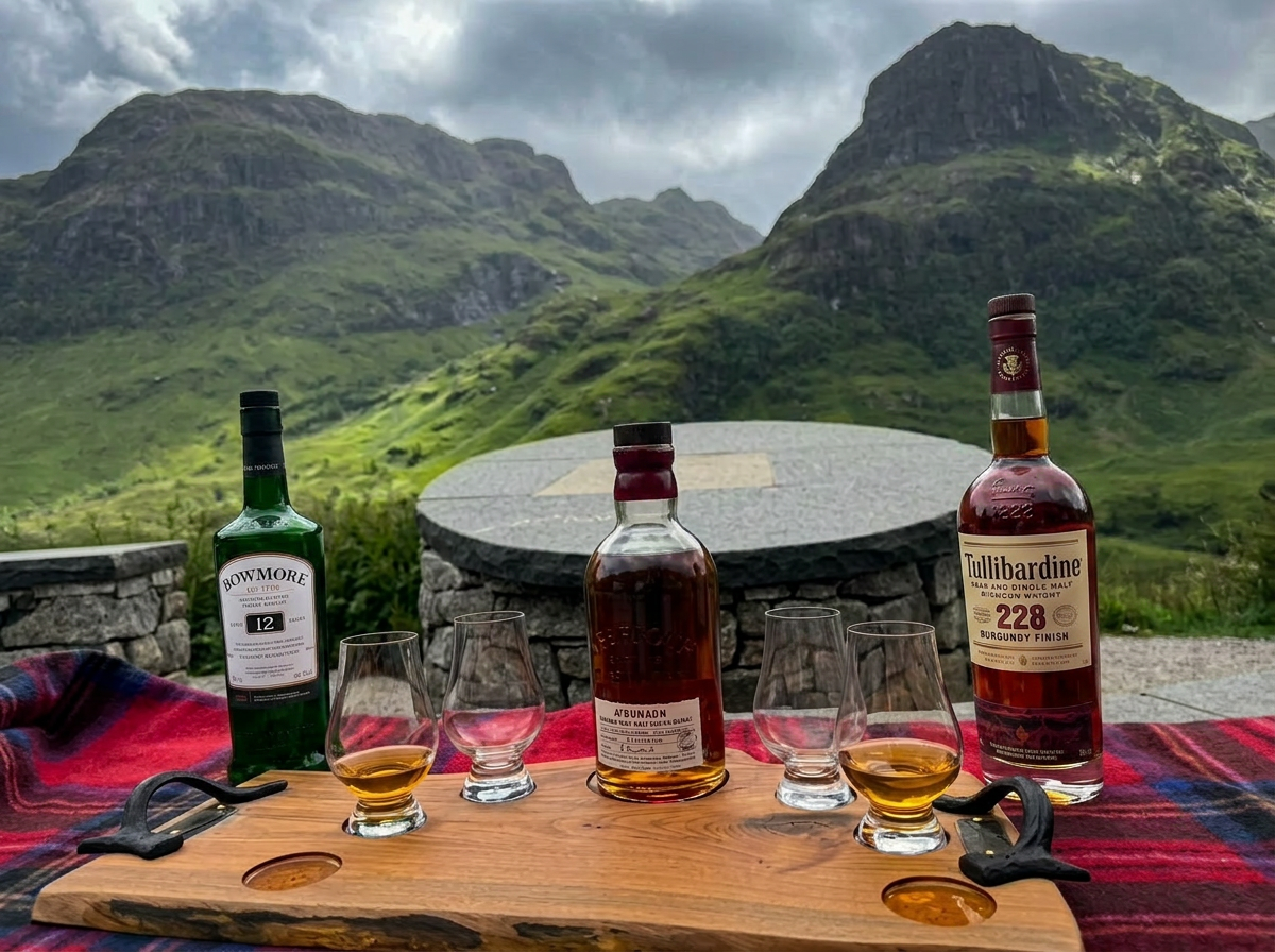 Live-edge premium hardwood whisky flight board with forged iron antler handles, four crystal Glencairn tasting glasses of single malt and three Scotch whisky bottles — Bowmore 12, A'Bunadh and Tullibardine 228 — on a tartan blanket before the Three Sisters of Glencoe