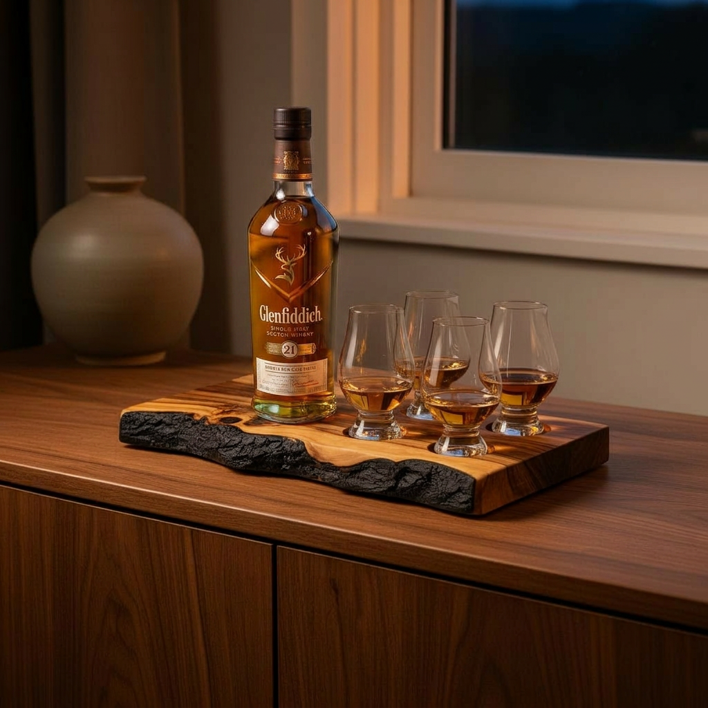 Whisky tasting board with a Glenfiddich 21 bottle and four glasses on a walnut sideboard