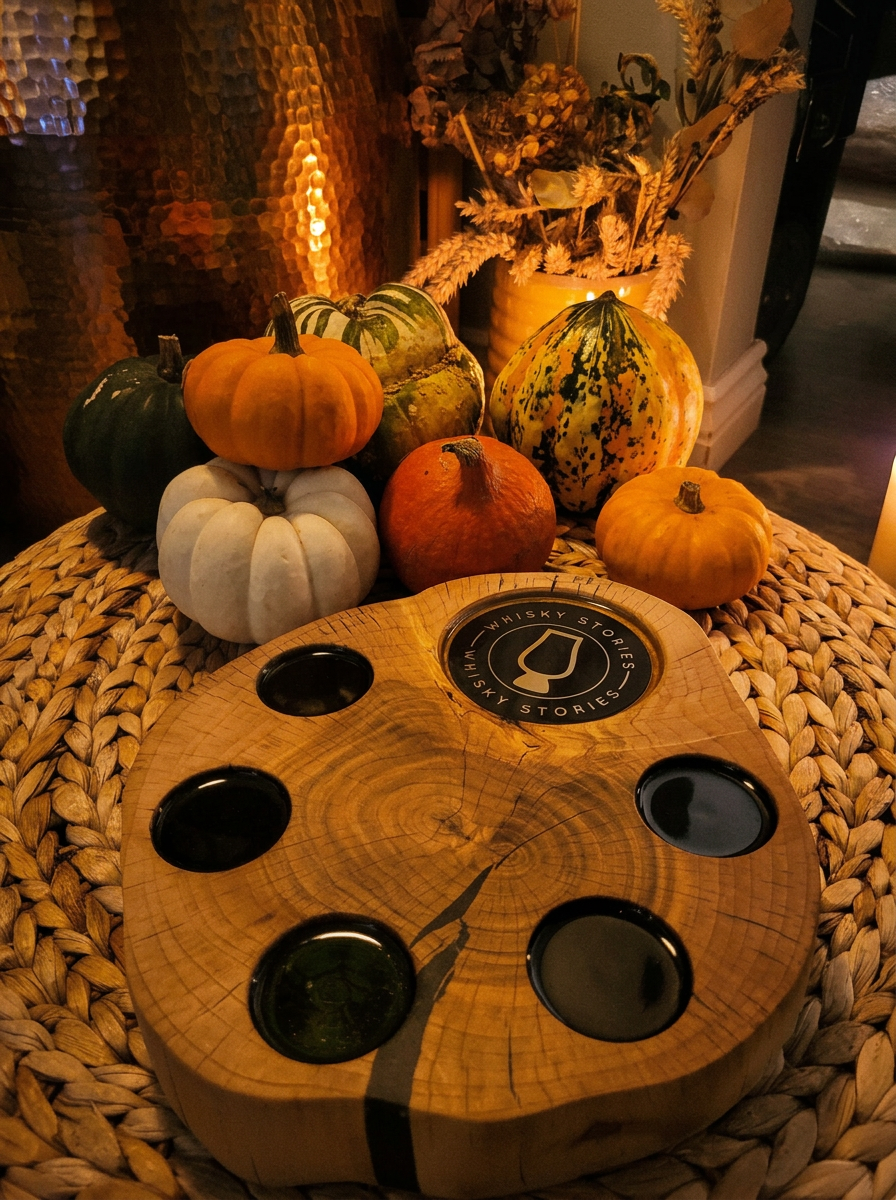 Round live-edge oak whisky flight board with bottle-base inlays and Whisky Stories medallion, surrounded by autumn pumpkins and gourds by candlelight