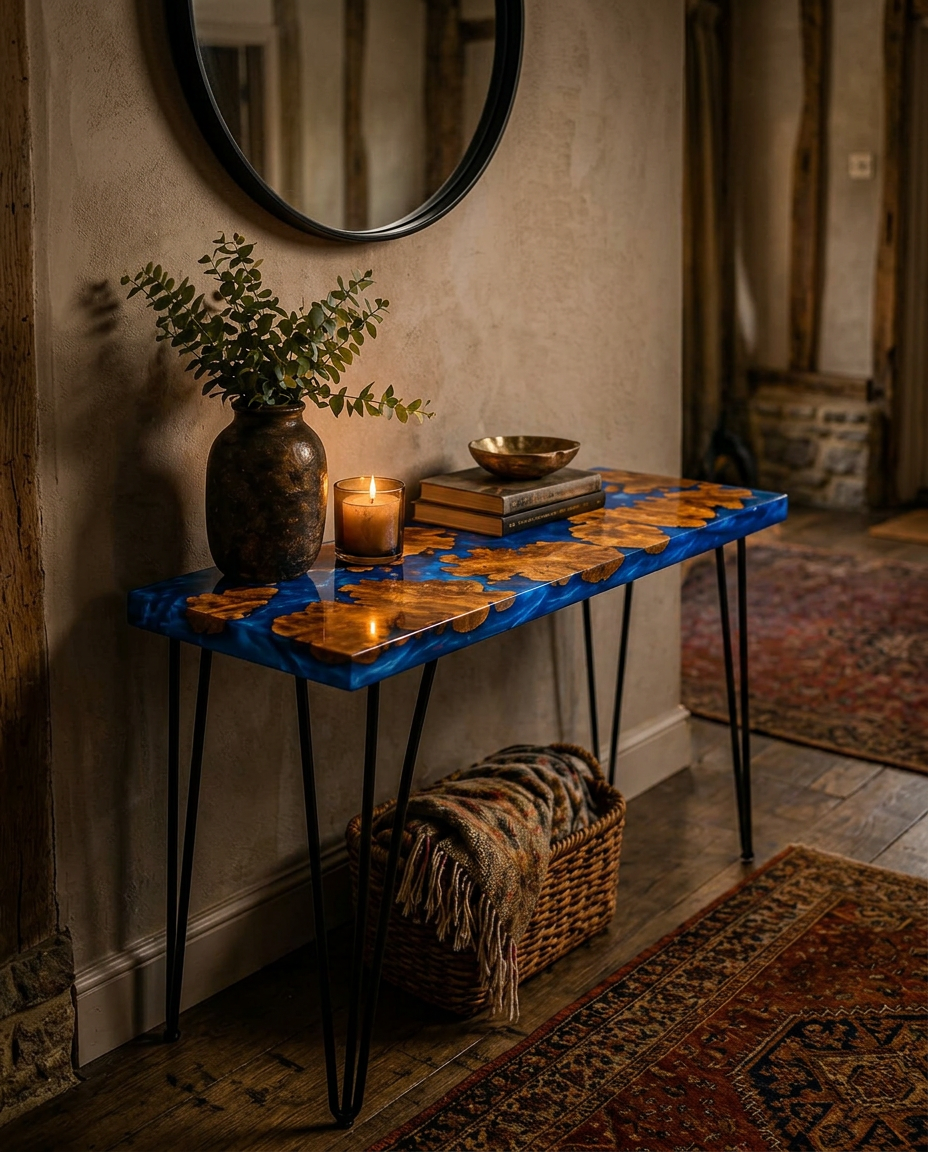 Bespoke handcrafted console table with solid Yew wood slice inlays set in luminous deep oceanic blue resin, on slim black powder-coated hairpin legs, styled in a warm hygge hallway with bronze vase, eucalyptus, lit candle and round mirror