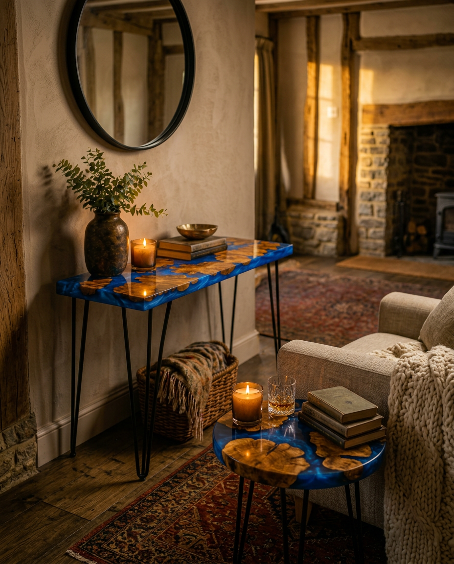 Matching set of bespoke Yew wood and cobalt blue resin furniture — a hairpin-leg console table beneath a round mirror and a circular round end table beside a linen armchair, styled by candlelight in a hygge living room with woodburner, wool throw and Persian rug