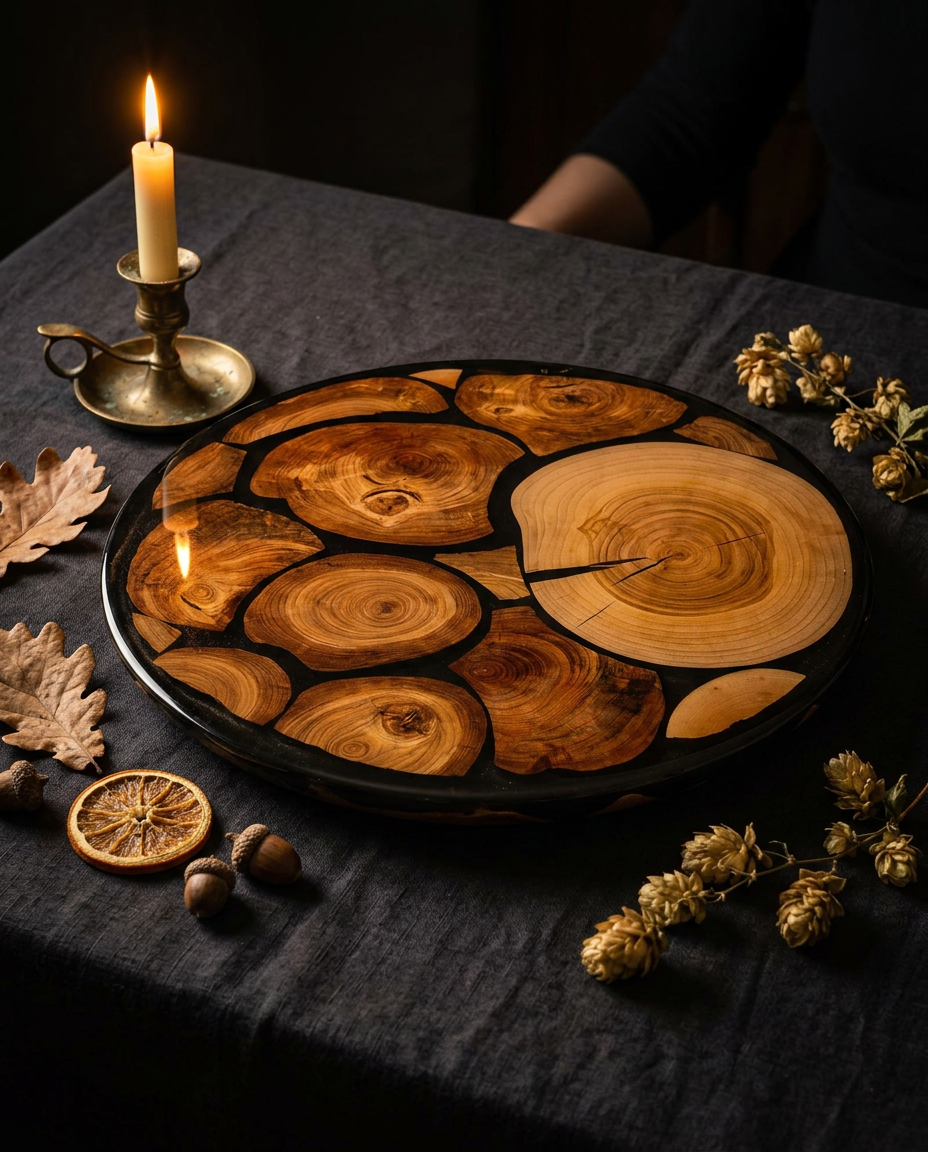 Round serving platter made from yew cross-sections set in deep black resin with autumn botanicals and candlelight