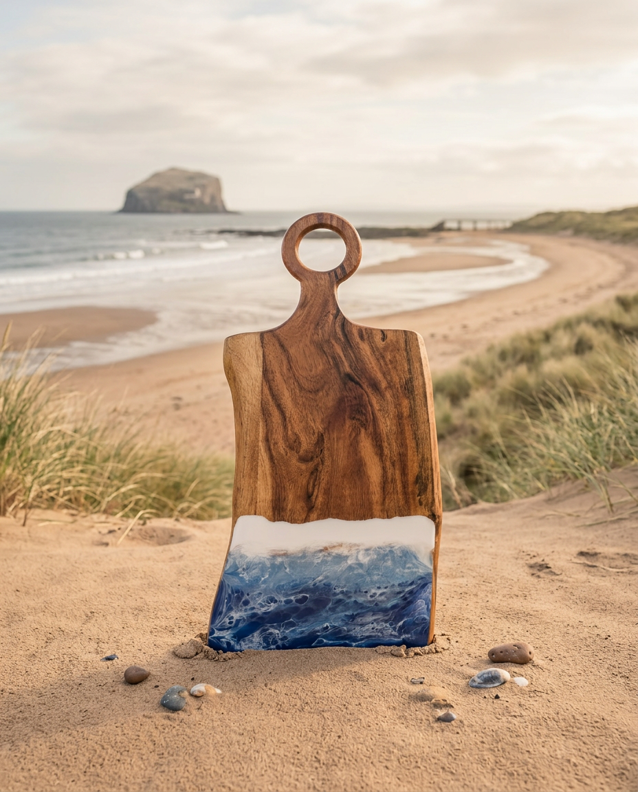 Live-edge seascape resin board on the sands of Belhaven Bay, Dunbar