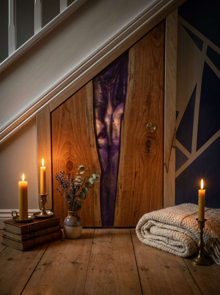 Bespoke triangular under-stair cupboard door in live-edge cherry wood with a flowing deep purple resin river, set within an oak and zebrawood frame