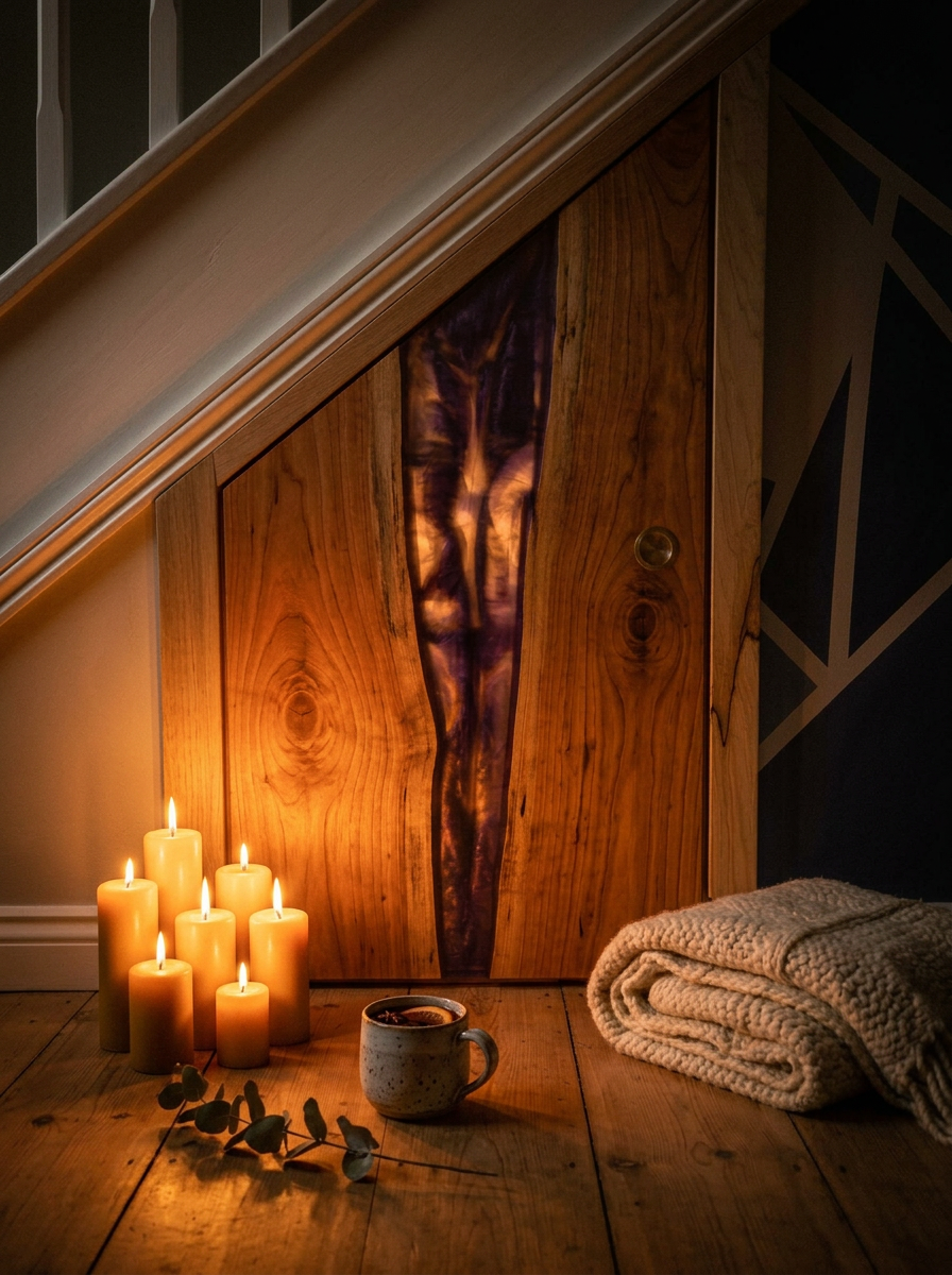 Under-stair cherry and purple resin river door lit by a cluster of beeswax pillar candles with a wool throw and mug of mulled wine