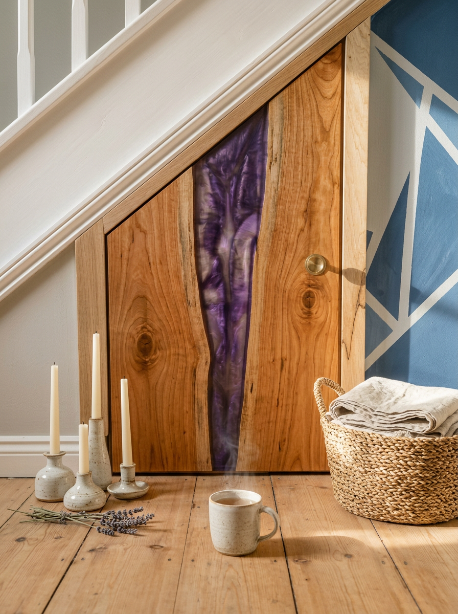 Under-stair cherry and purple resin river door in soft morning light with stoneware candle holders, dried lavender and a steaming mug of tea